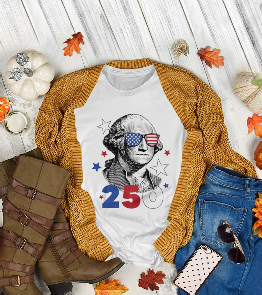 George Washington Patriotic Flag Sunglasses 250 Years United States Celebration T-Shirt