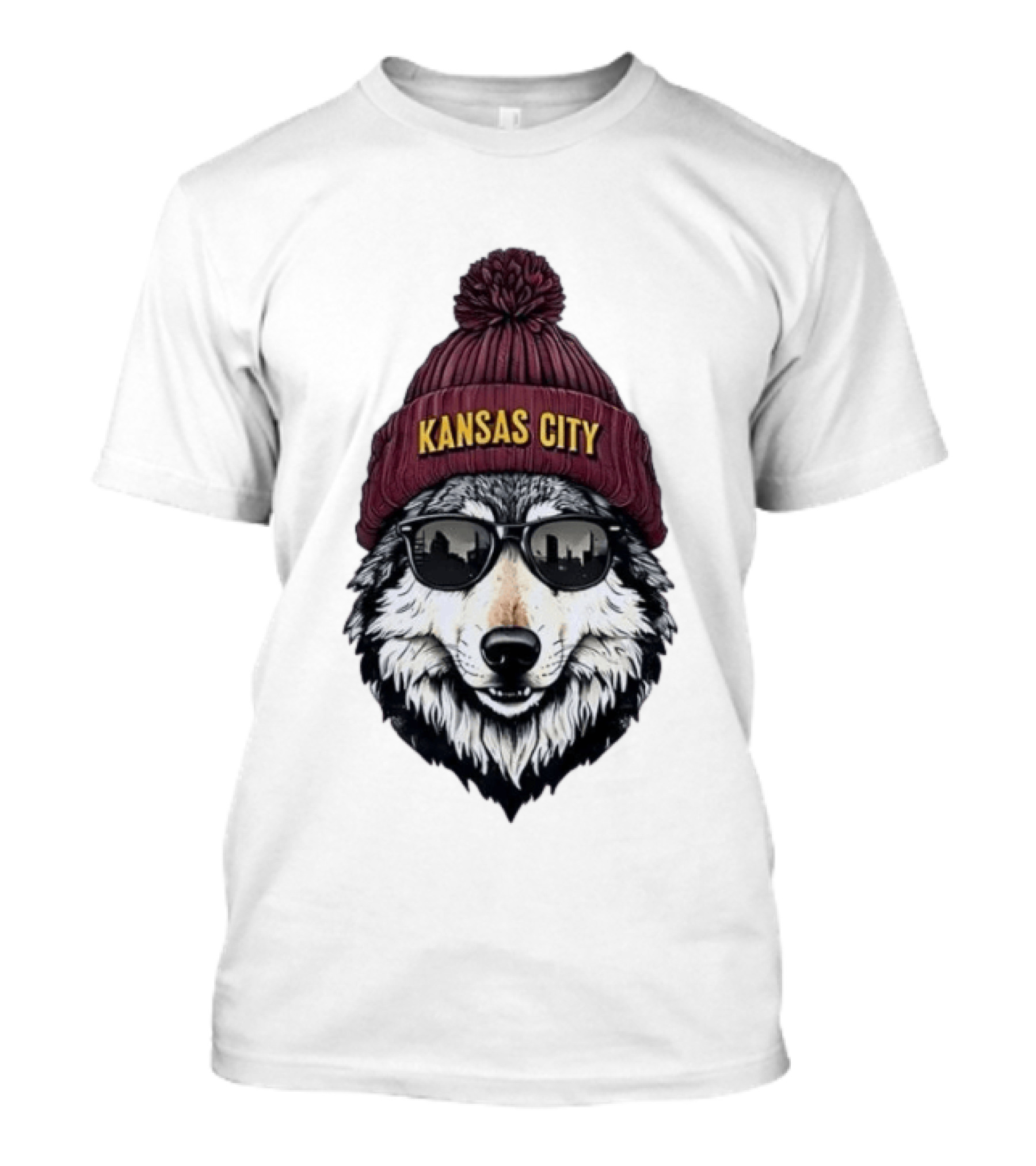 Kansas City Wolf Beanie Sunglasses Cityscape T-Shirt