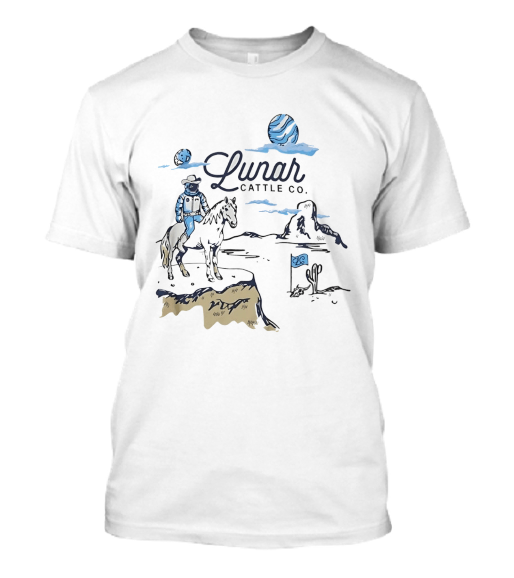 Lunar Cattle Co Astronaut Cowboy On Horseback With Planet And Flag T-Shirt