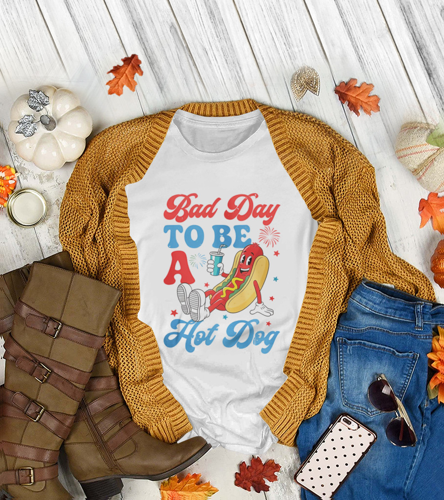 Bad Day To Be A Hot Dog Cool Cartoon Character with Drink T-Shirt