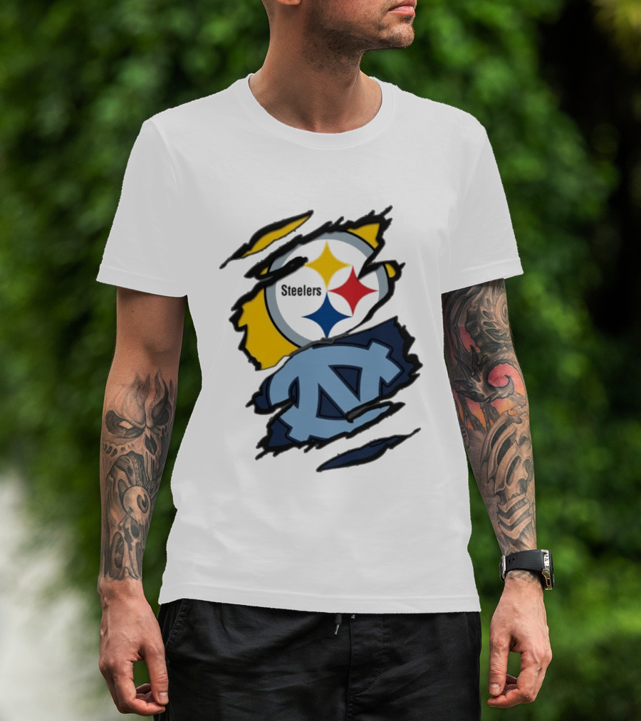 Pittsburgh Steelers UNC Tar Heels Ripped Metal Effect Logo Fusion T-Shirt