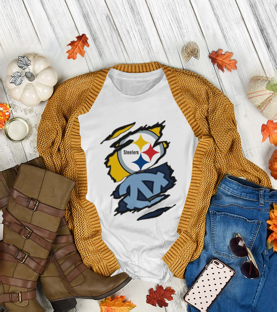 Pittsburgh Steelers UNC Tar Heels Ripped Metal Effect Logo Fusion T-Shirt