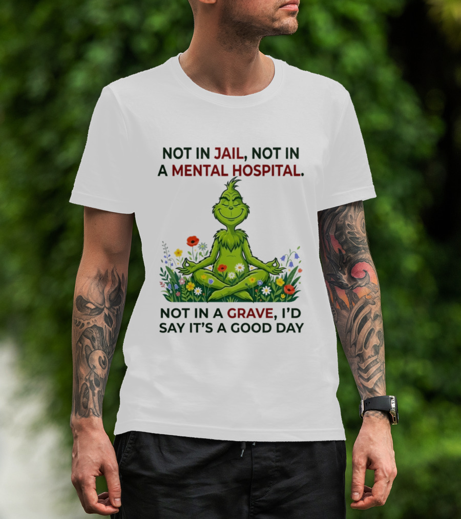 Grinch Not In Jail Not In A Mental Hospital Not In A Grave Meditation Good Day T-Shirt