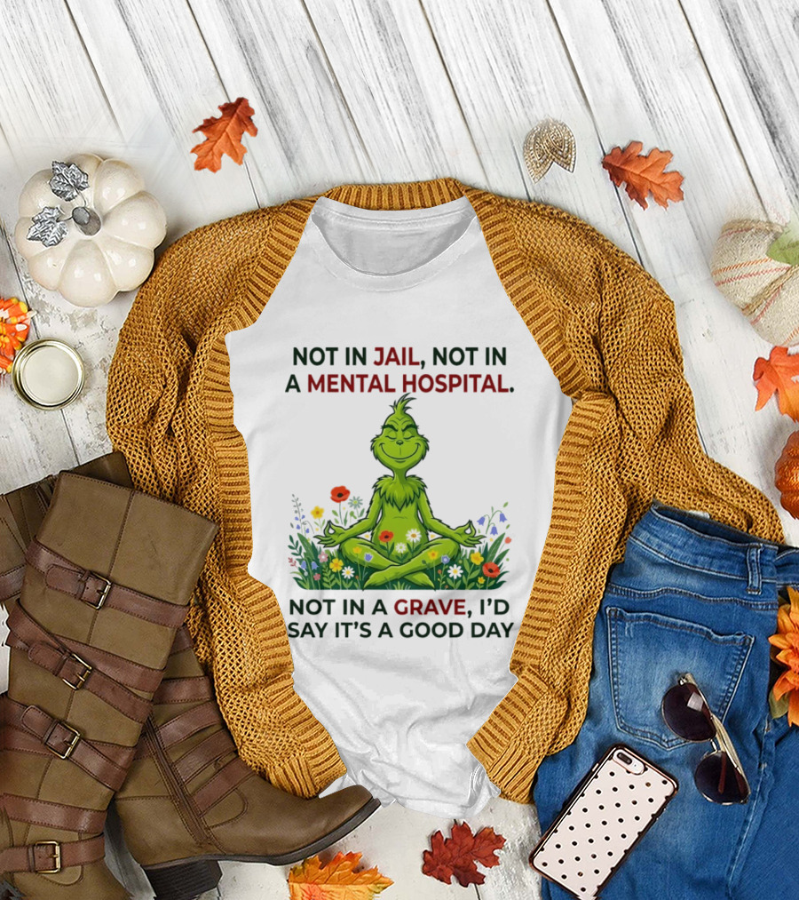 Grinch Not in Jail Not in a Mental Hospital Not in a Grave Meditation Good Day T-Shirt