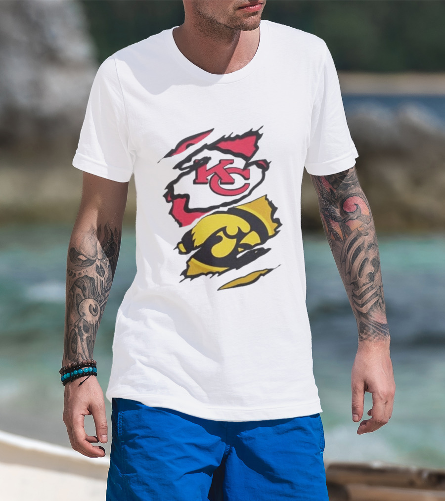 Kansas City Chiefs Iowa Hawkeyes Torn Paper KC Hawkeye Logo Mix T-Shirt