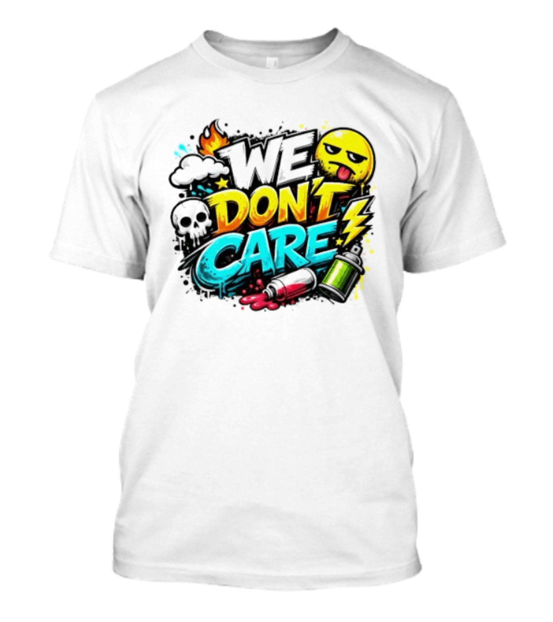 We Don't Care Graffiti Emojis Fire Cloud Lightning Skull T-Shirt