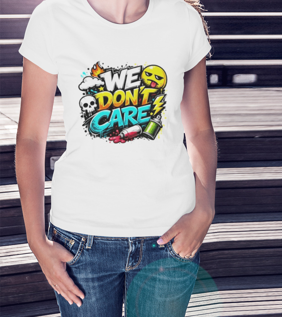 We Don't Care Graffiti Emojis Fire Cloud Lightning Skull T-Shirt