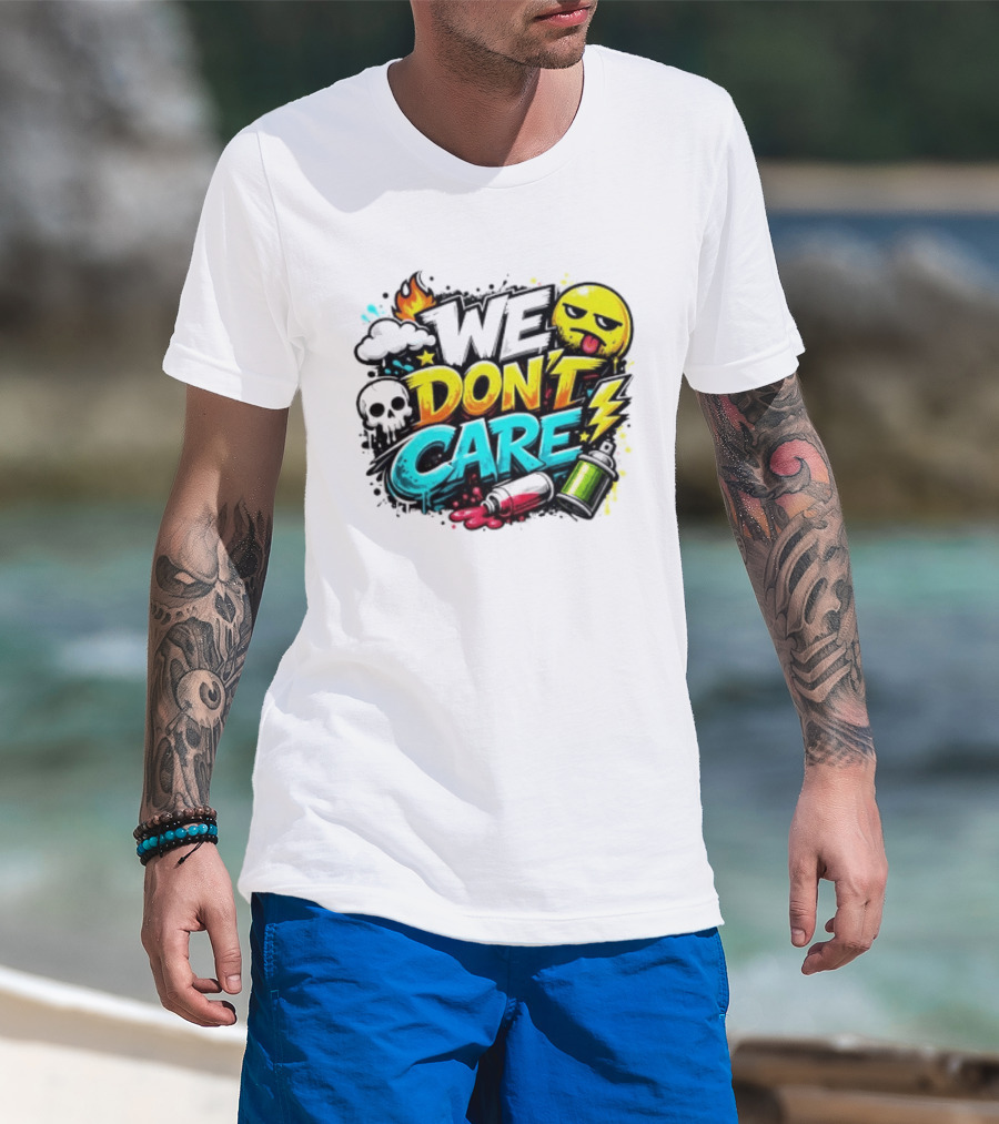 We Don't Care Graffiti Emojis Fire Cloud Lightning Skull T-Shirt
