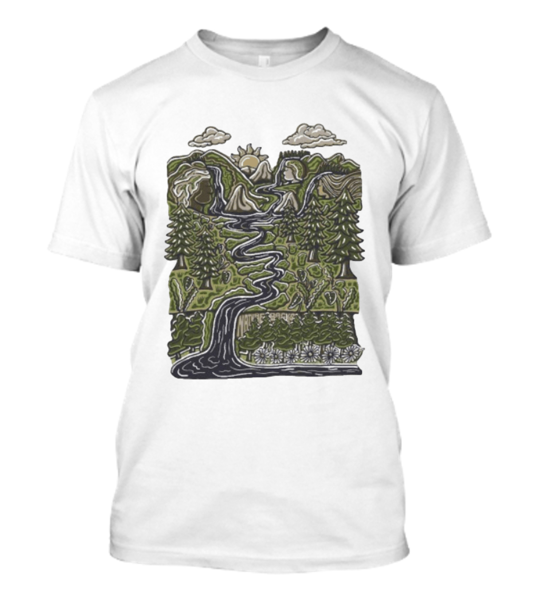 Nature Backs Forest Scene With River Trees Mountains Sun And Clouds T-Shirt