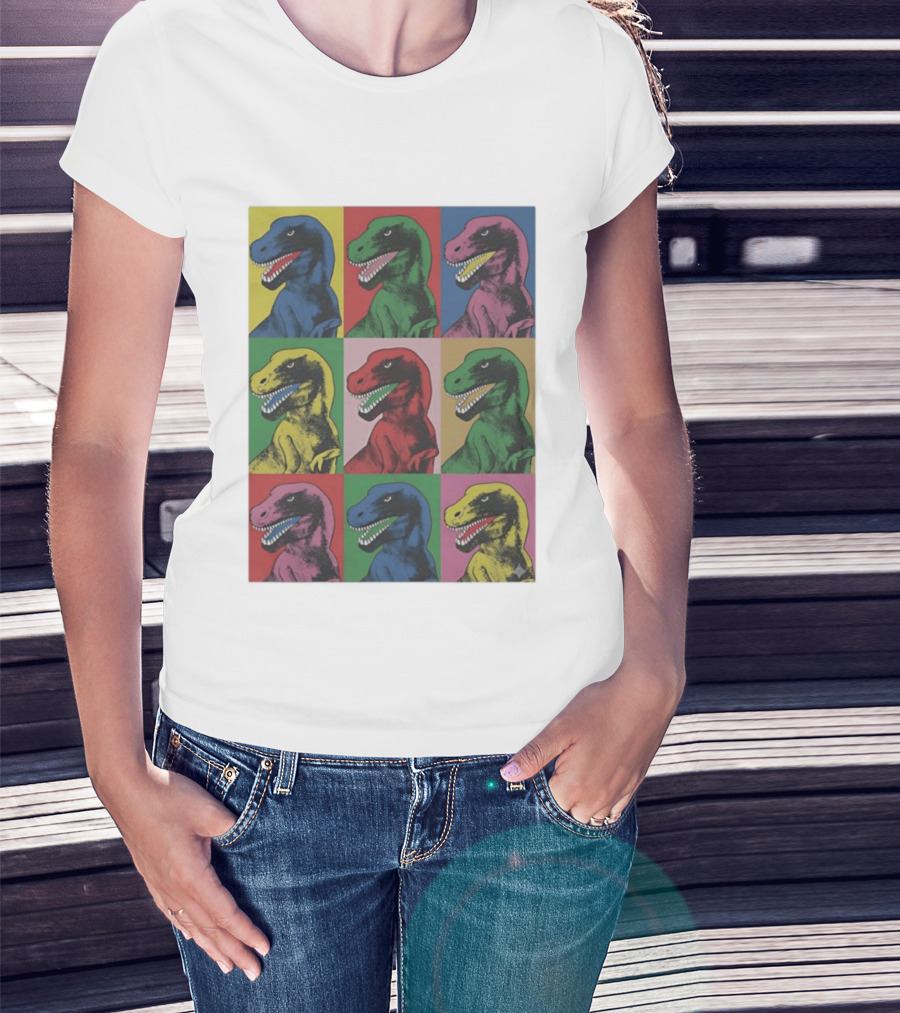 T Rex Pop Dinosaur Multi Colored Grid Prehistoric Reptile Andy Warhol T-Shirt