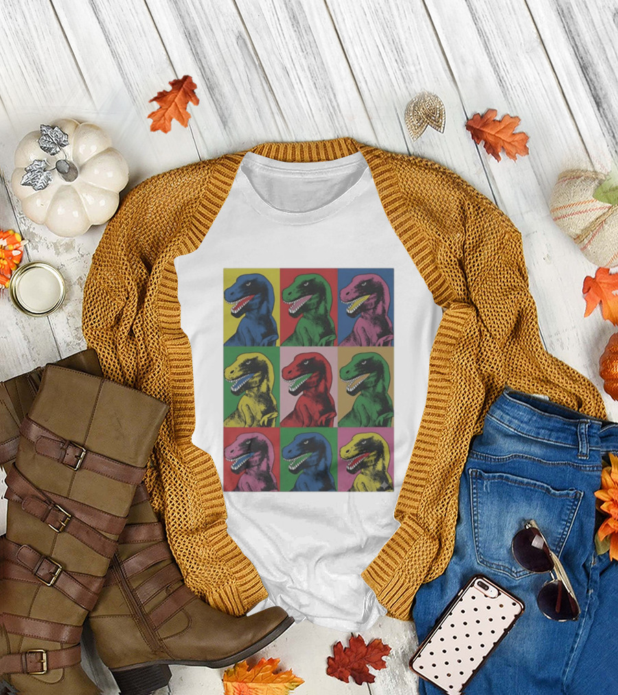 T Rex Pop Dinosaur Multi Colored Grid Prehistoric Reptile Andy Warhol T-Shirt