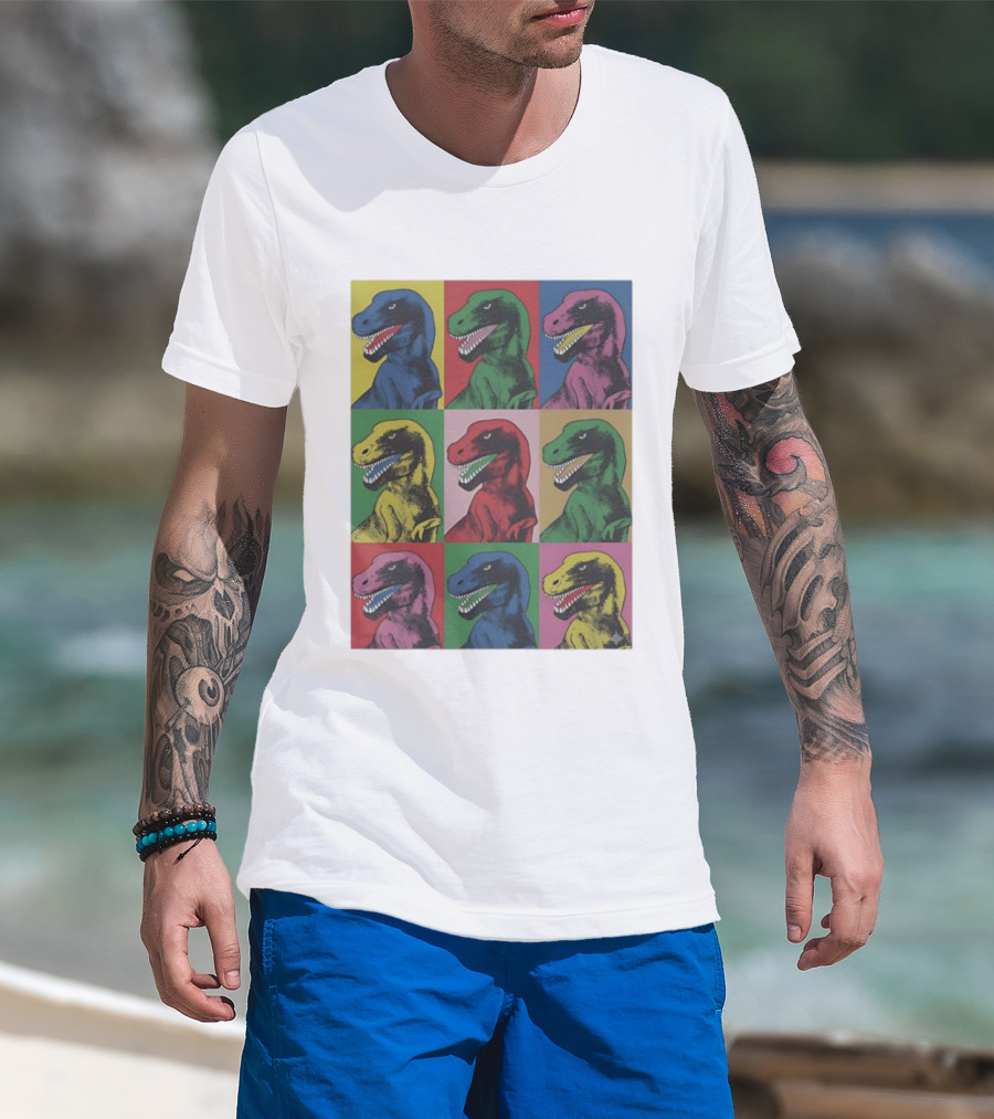 T Rex Pop Dinosaur Multi Colored Grid Prehistoric Reptile Andy Warhol T-Shirt