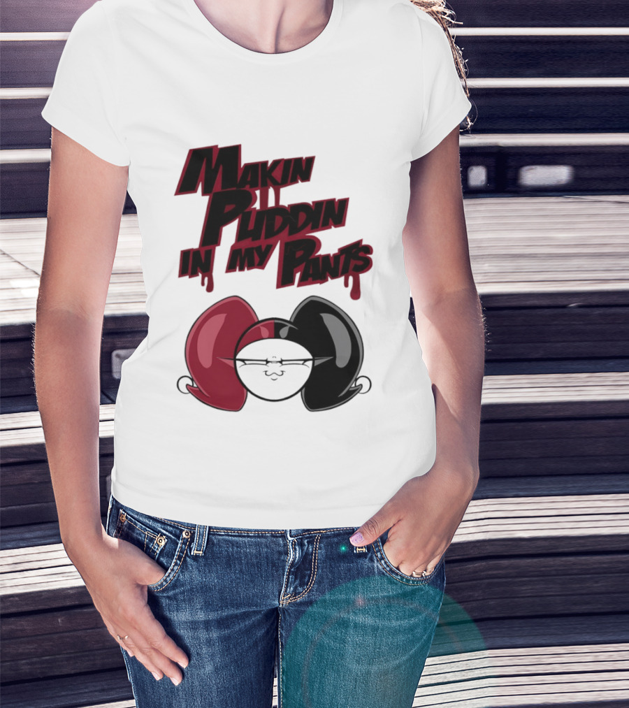 Makin' Puddin' In My Pants Harley Quinn Cartoon Red And Black Pigtails T-Shirt