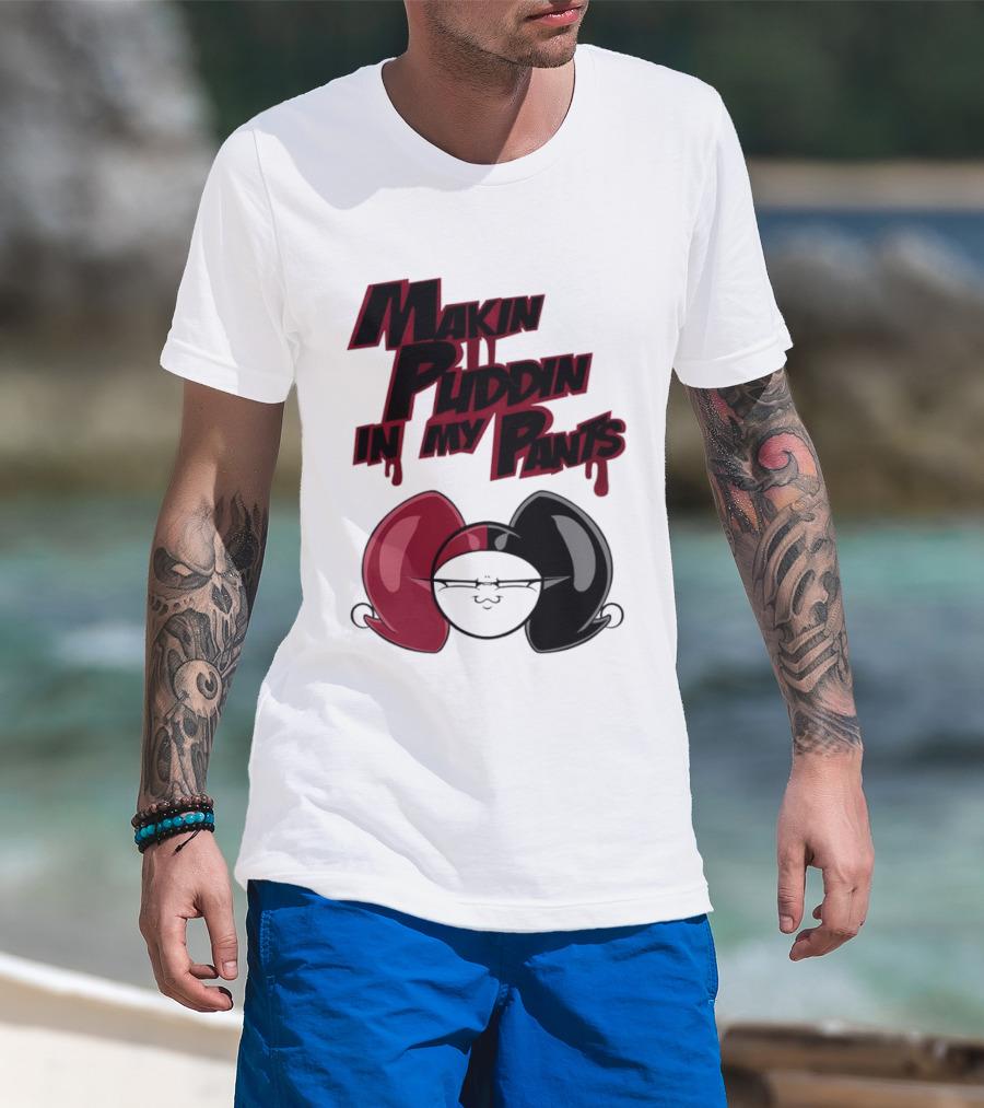 Makin' Puddin' In My Pants Harley Quinn Cartoon Red And Black Pigtails T-Shirt