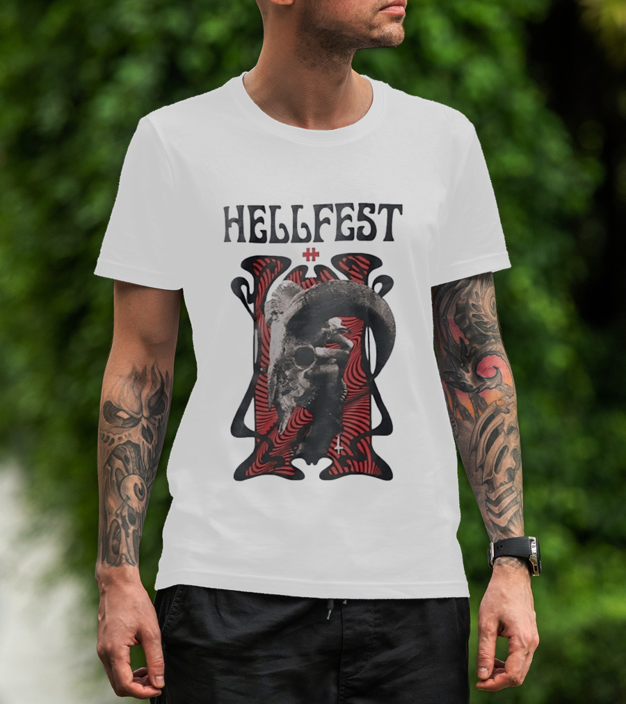 Hellfest Goat Skull Cross Inverted Crux Occult Heavy Metal Festival T-Shirt