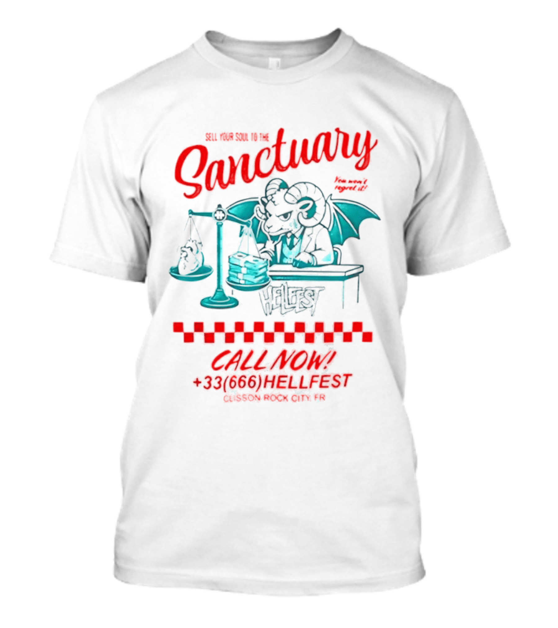 Hellfest Sanctuary Sell Your Soul Gargoyle Call Now 33 666 T-Shirt