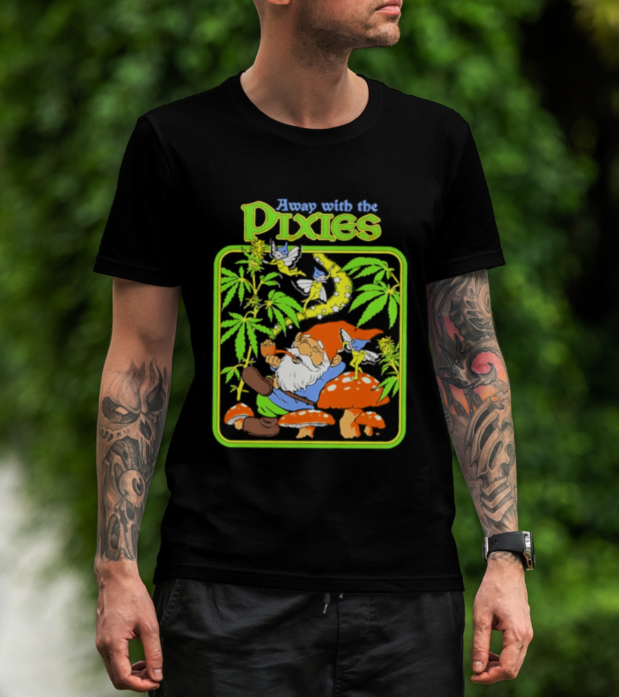 Away With The Pixies Gnome Smoking Cannabis Mushroom Fantasy Scene T-Shirt
