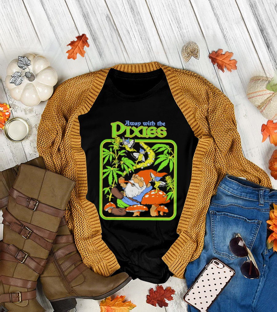Away With the Pixies Gnome Smoking Cannabis Mushroom Fantasy Scene T-Shirt
