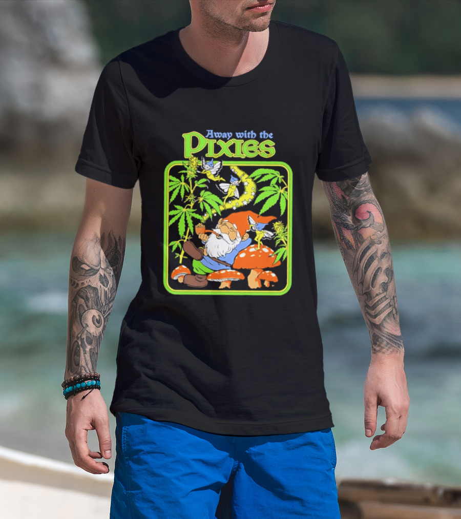 Away With The Pixies Gnome Smoking Cannabis Mushroom Fantasy Scene T-Shirt