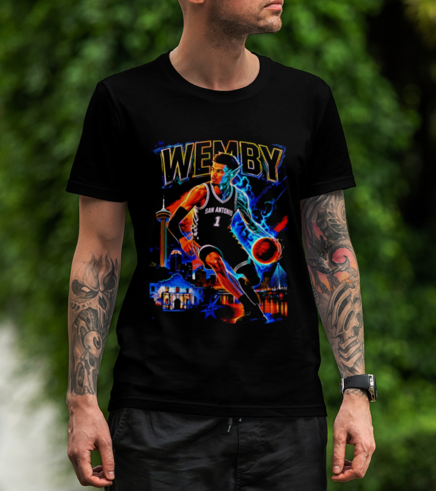 Wemby San Antonio Spurs Basketball Player Half Alien City Skyline T-Shirt