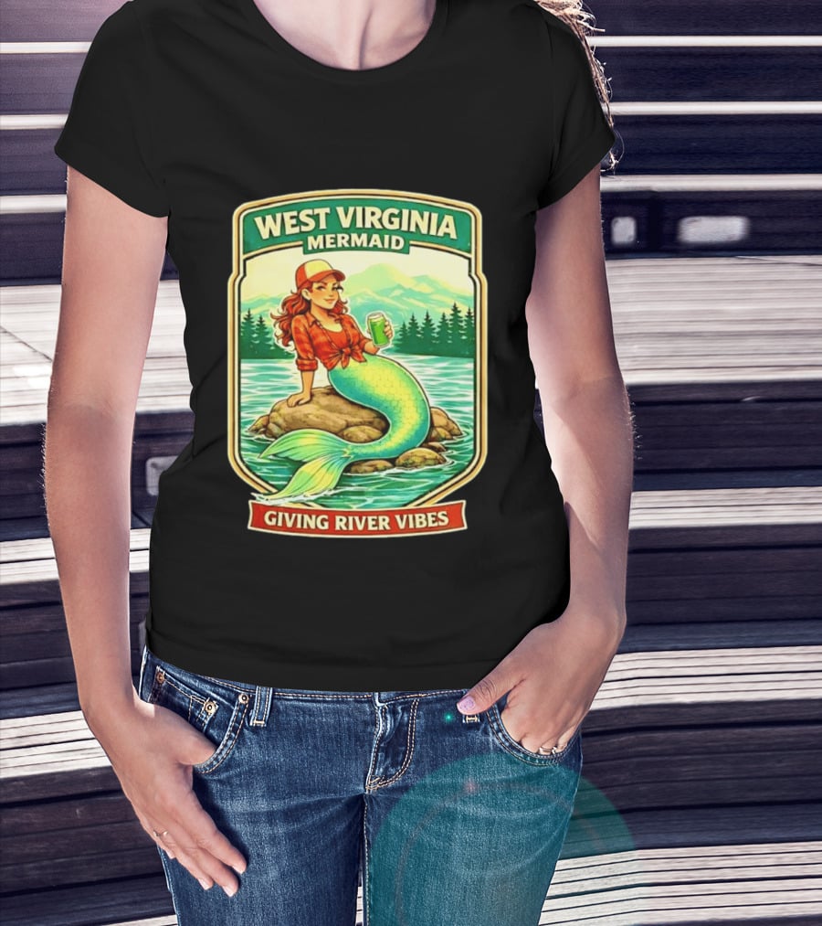 West Virginia Mermaid Giving River Vibes Green Tail Red Hat T-Shirt