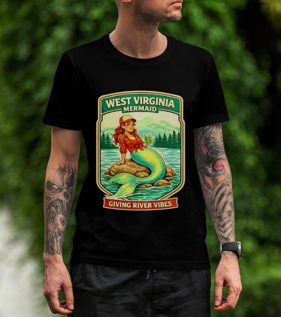 West Virginia Mermaid Giving River Vibes Green Tail Red Hat T-Shirt
