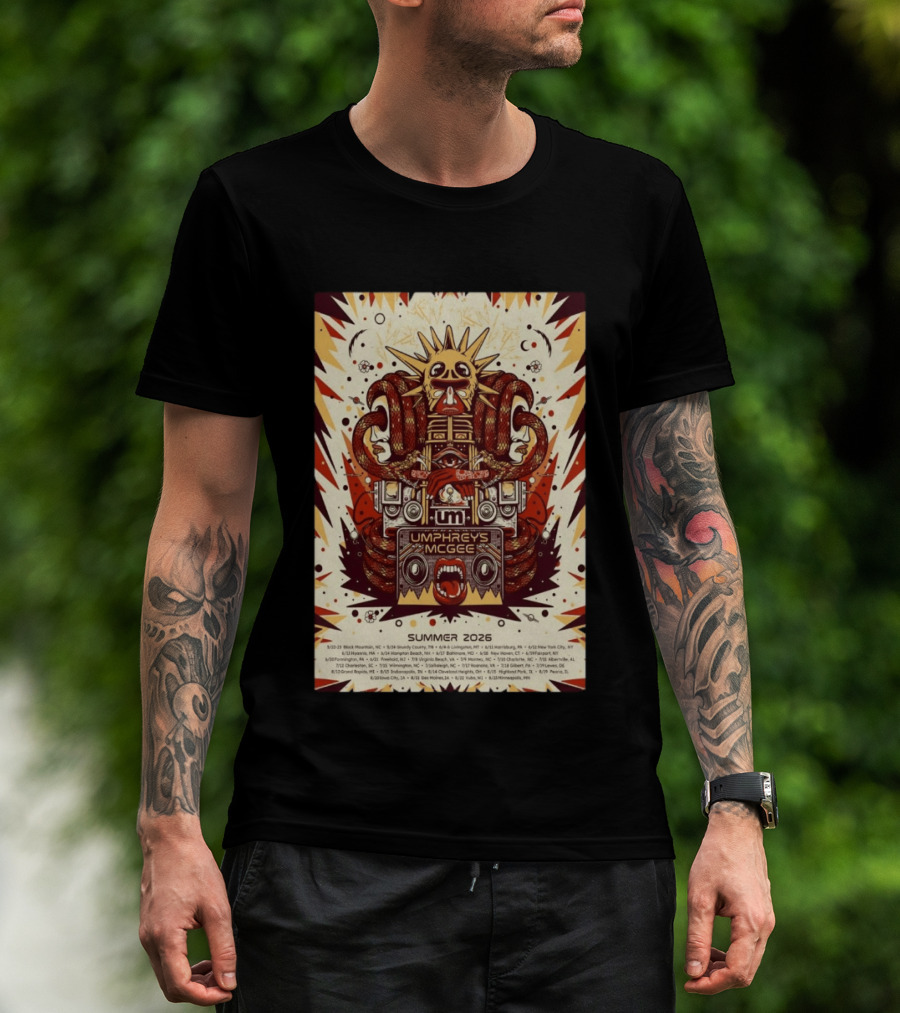 Umphrey's McGee Summer 2026 Tour Dates With Unique Symbolic Artwork And Sun Motif T-Shirt