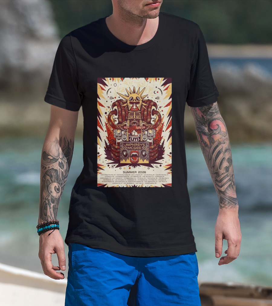Umphrey's McGee Summer 2026 Tour Dates With Unique Symbolic Artwork And Sun Motif T-Shirt