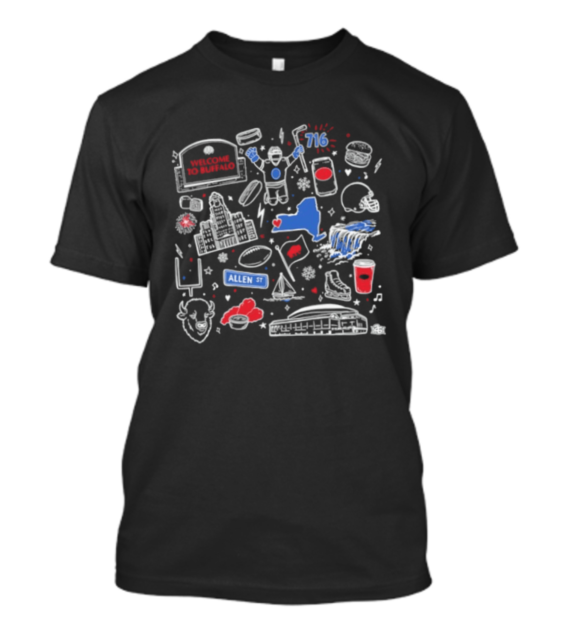 Welcome To Buffalo Doodles Allen St 716 Buffalo Wings Football Beer Pizza T-Shirt