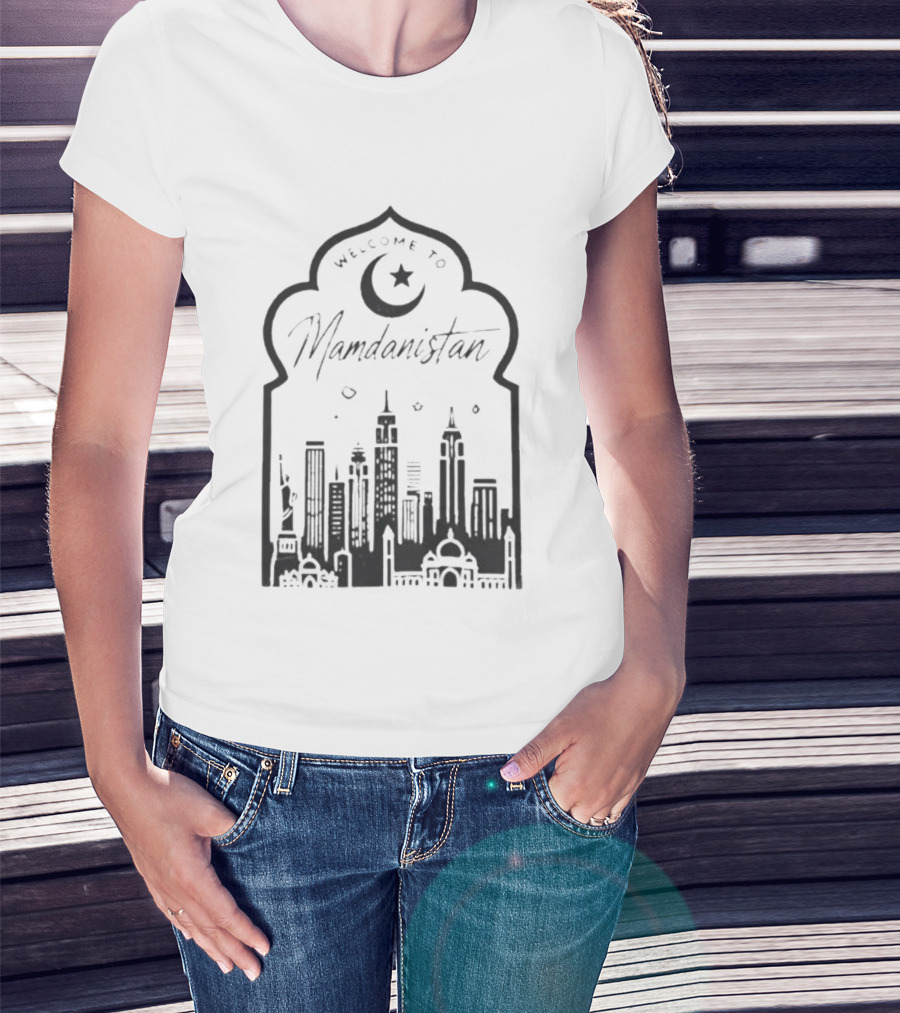 Welcome To Mamdanistan 2026 Back Skyline Crescent Star T-Shirt