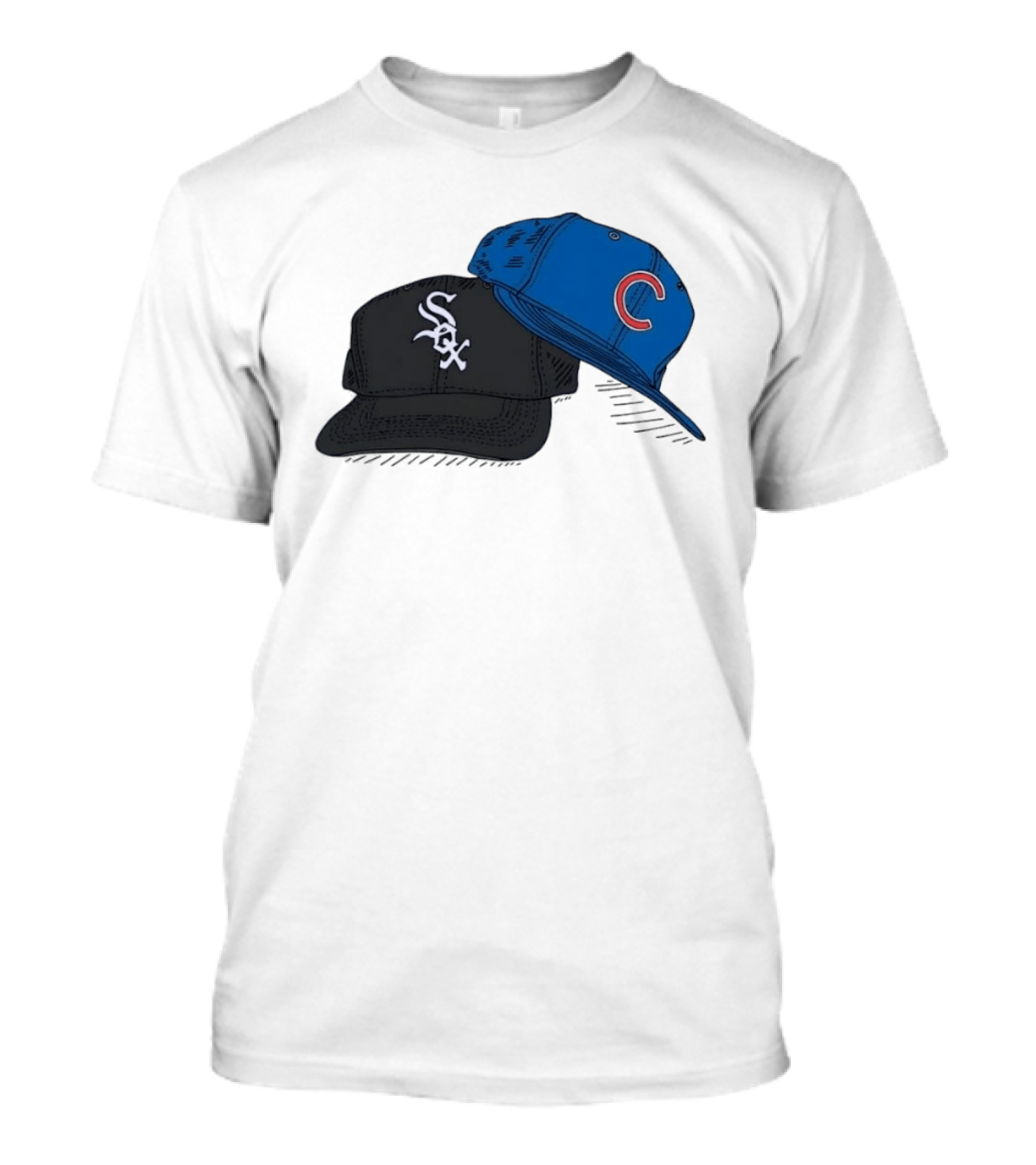Chicago White Sox Black Hat And Chicago Cubs Blue Cap Baseball Fan Collection T-Shirt