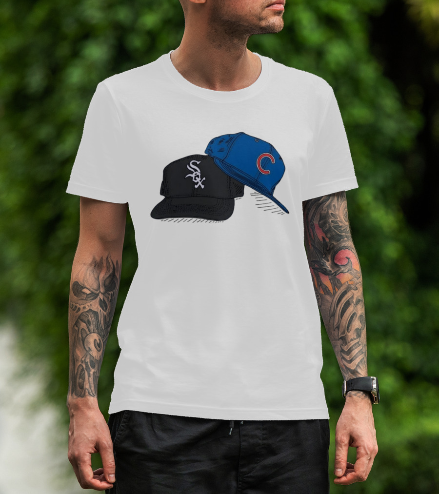 Chicago White Sox Black Hat And Chicago Cubs Blue Cap Baseball Fan Collection T-Shirt