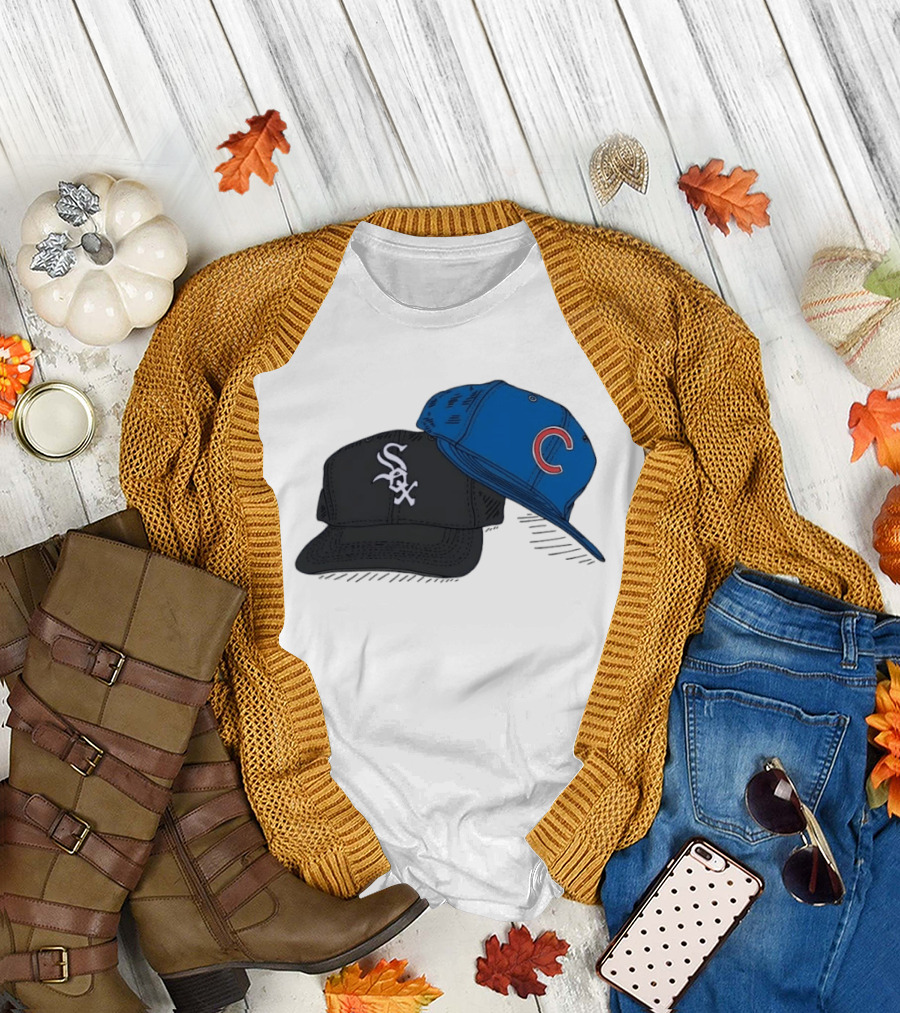 Chicago White Sox Black Hat and Chicago Cubs Blue Cap Baseball Fan Collection T-Shirt