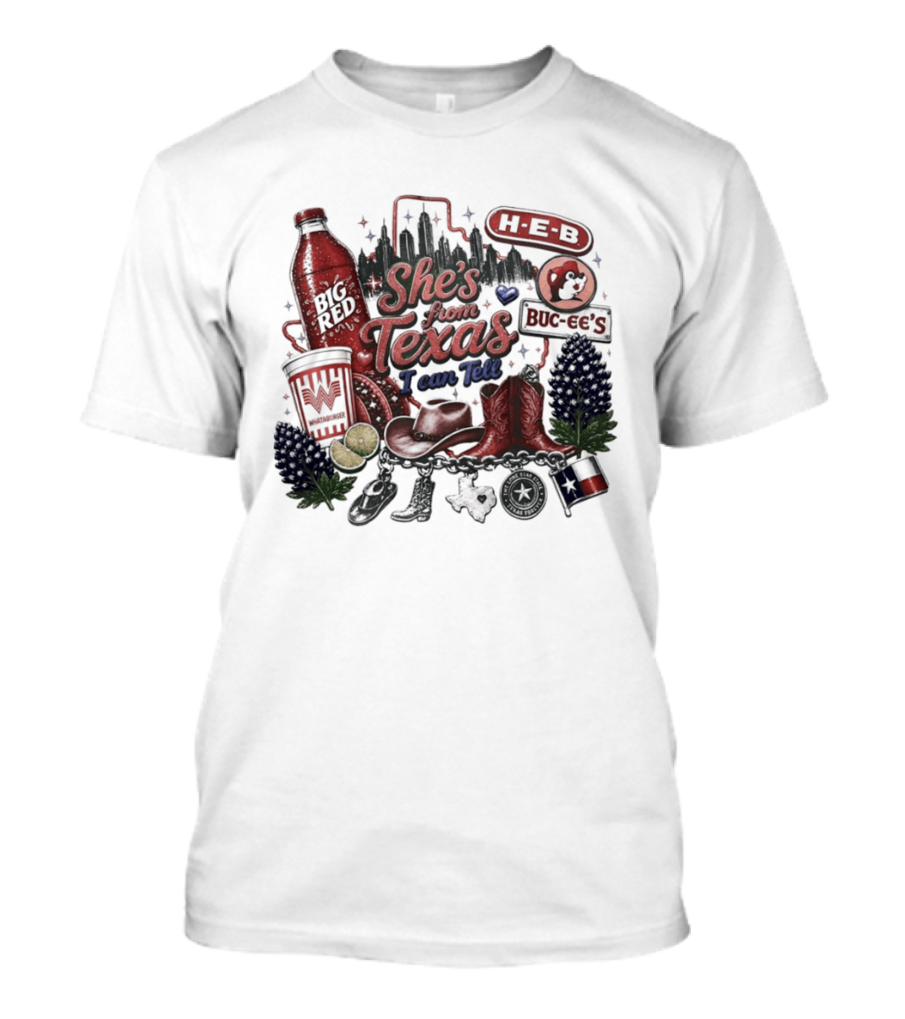She's From Texas I Can Tell Big Red Whataburger H E B Buc Ee's Bluebonnet Cowboy Boots T-Shirt