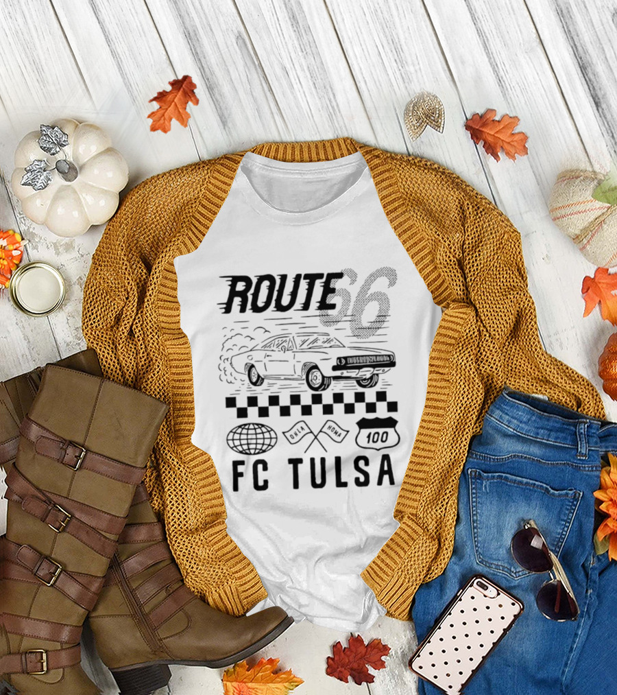 FC Tulsa Route 66 Oklahoma Soccer Car 100 Racing Flags T-Shirt