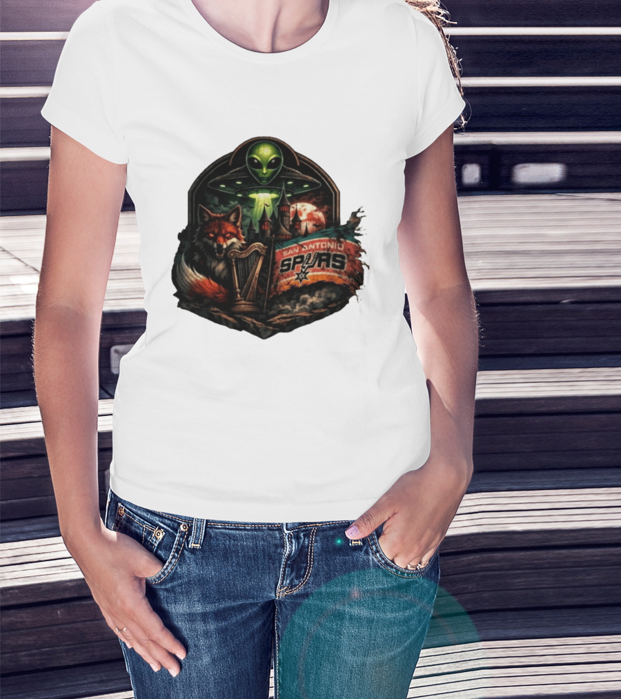 San Antonio Spurs UFO Alien Fox Harp Castle Moon Flag T-Shirt