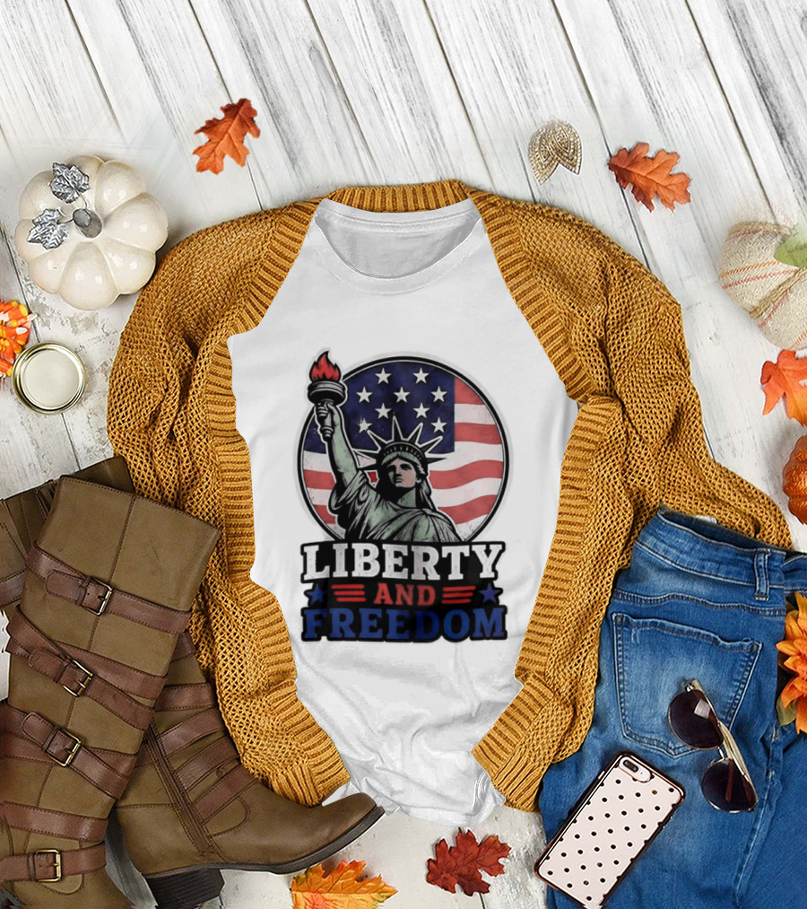 Liberty and Freedom Statue of Liberty USA Flag Stars T-Shirt
