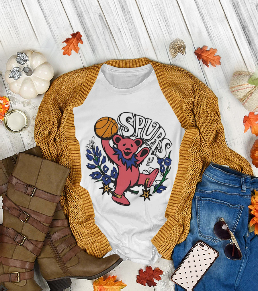 San Antonio Spurs Grateful Dead Bear Basketball Motif T-Shirt