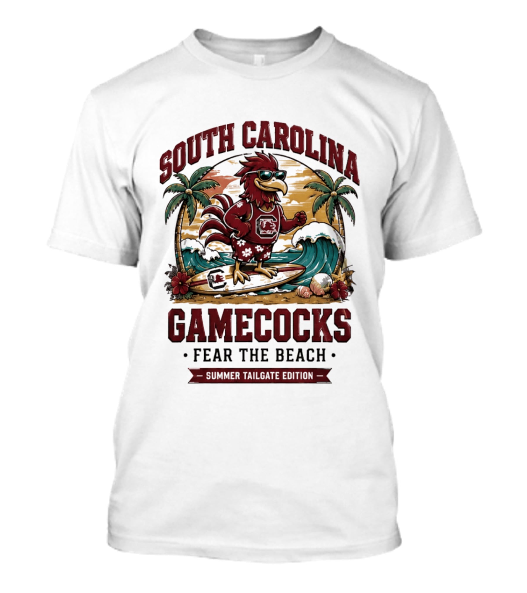 South Carolina Gamecocks Fear The Beach Summer Tailgate Edition Surfing Chicken Palm Trees Wave T-Shirt