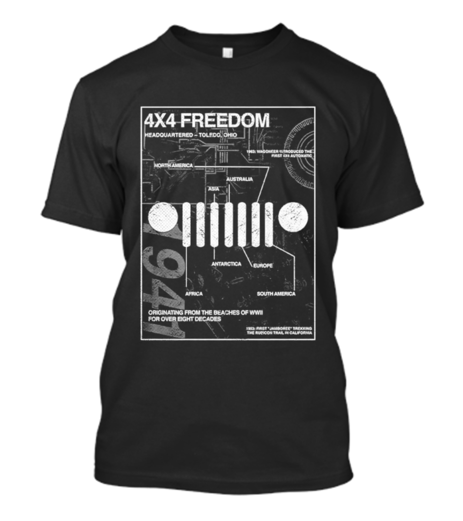 4x4 Freedom Jeep 1941 Global History Blueprint T-Shirt