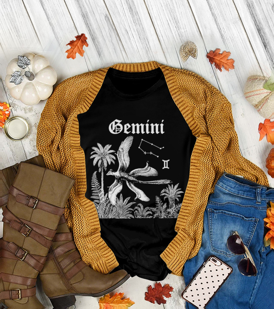 Gemini Feathered Dinosaur Constellation Tropical Scene T-Shirt