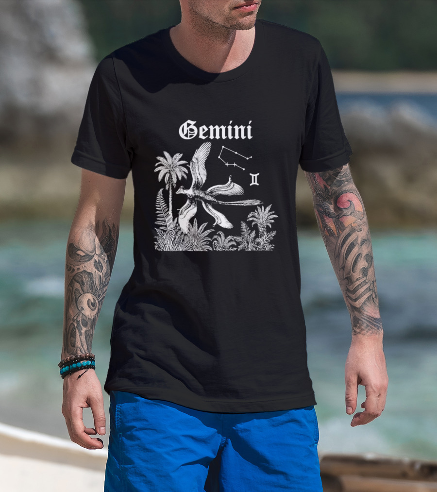 Gemini Feathered Dinosaur Constellation Tropical Scene T-Shirt