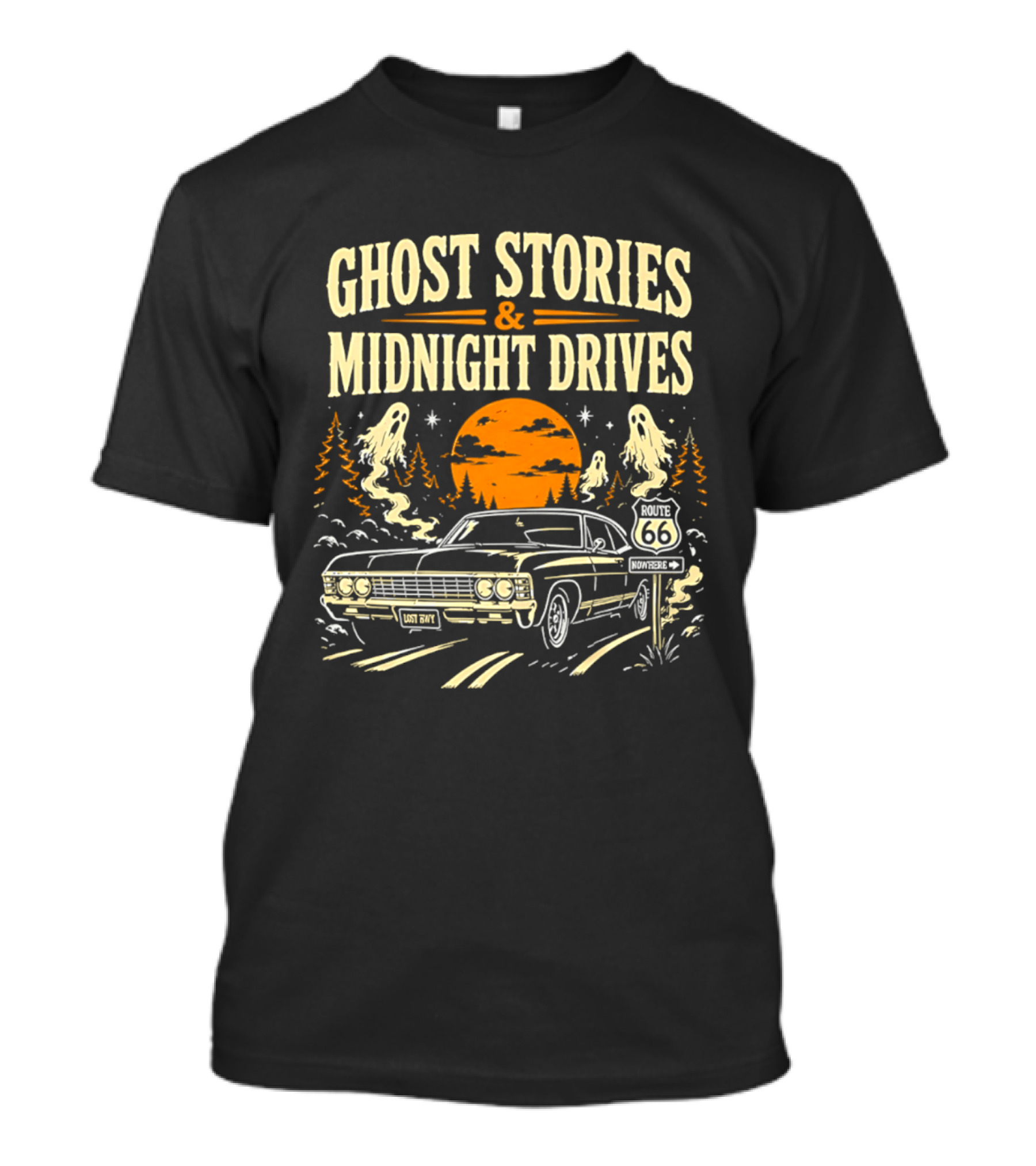 Ghost Stories Midnight Drives Route 66 Vintage Car Halloween Scene T-Shirt
