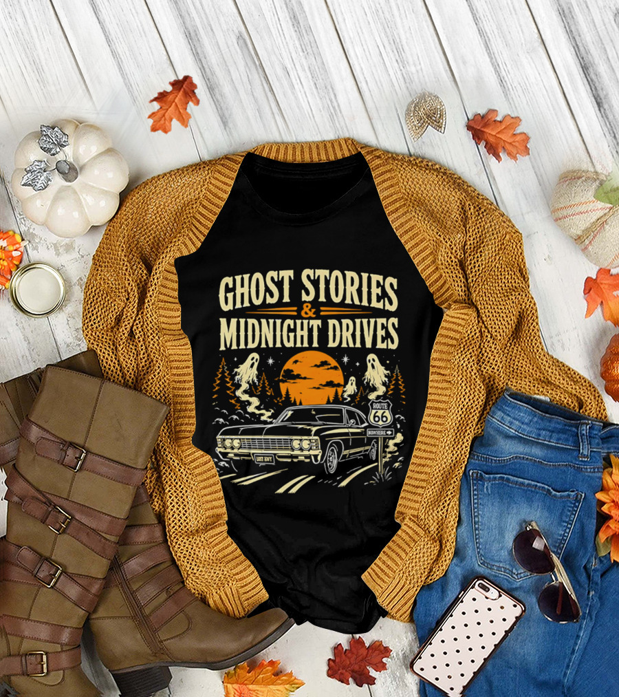 Ghost Stories Midnight Drives Route 66 Vintage Car Halloween Scene T-Shirt