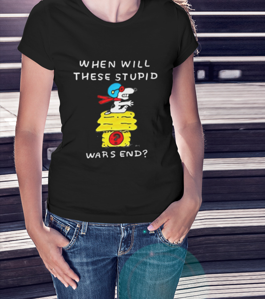 Snoopy When Will These Stupid Wars End Peanuts Woodstock Flying Ace T-Shirt