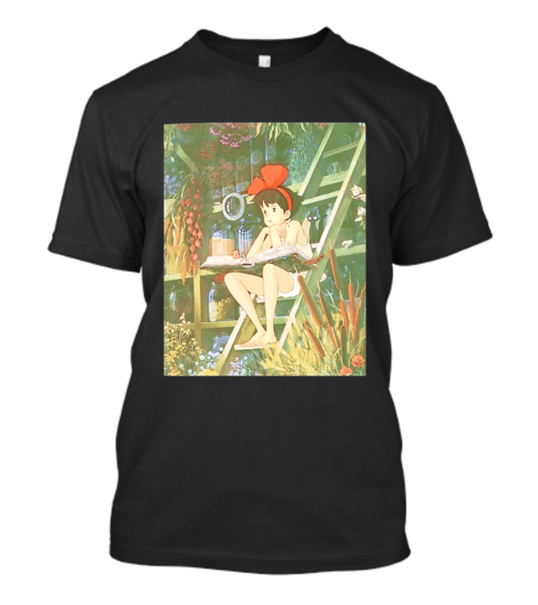 Kiki's Delivery Service Magic Book Cat And Botanical Greenhouse Scene T-Shirt