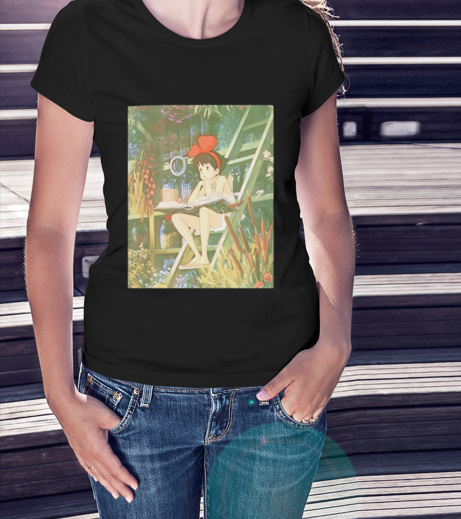 Kiki's Delivery Service Magic Book Cat And Botanical Greenhouse Scene T-Shirt