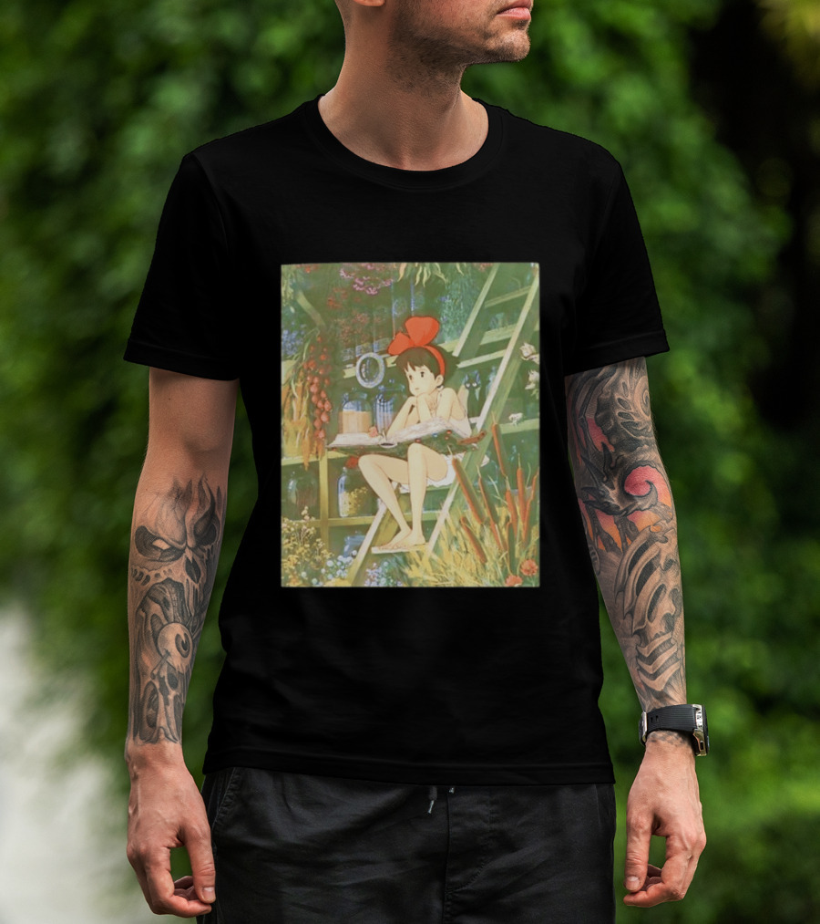 Kiki's Delivery Service Magic Book Cat And Botanical Greenhouse Scene T-Shirt