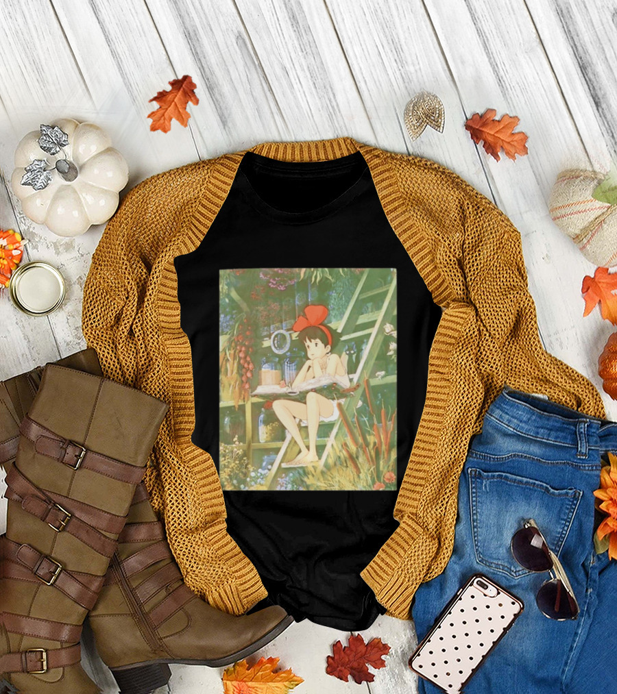 Kiki's Delivery Service Magic Book Cat and Botanical Greenhouse Scene T-Shirt