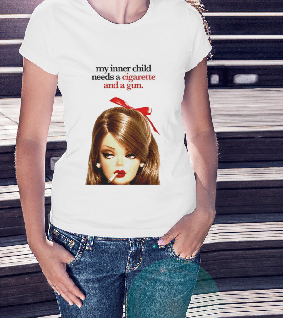 My Inner Child Needs A Cigarette And A Gun Doll Face Red Bow T-Shirt